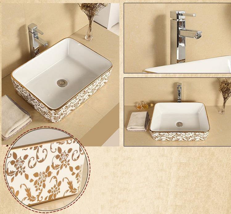 Table Top Premium Designer Ceramic Wash Basin/Vessel Sink Slim Rim for Bathroom 19 x 15 x 5 Inch Golden White Color - Bath Outlet