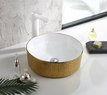 Ceramic Premium Desisgner Table Top Over Counter Vessel Sink Wash Basin for Bathroom 16 X 16 X 6 Inch Gold White Basin For Bathroom - Bath Outlet