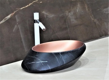 Table Top Premium Designer Ceramic Wash Basin/Vessel Oval Black Marble Finish Satin Designer for Bathroom 20 x 15 x 6 Inch (Black Color)