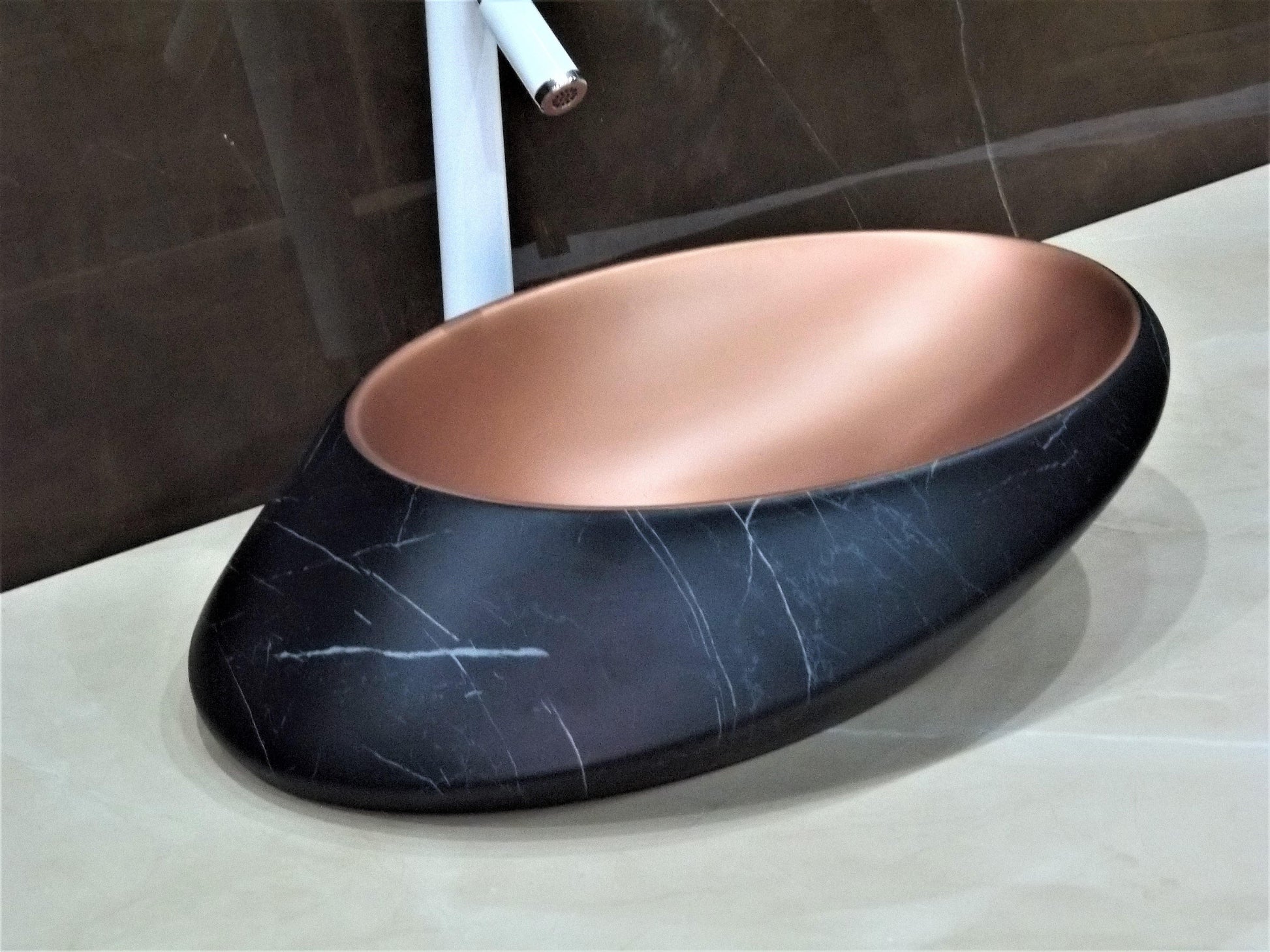 Table Top Premium Designer Ceramic Wash Basin/Vessel Oval Black Marble Finish Satin Designer for Bathroom 20 x 15 x 6 Inch (Black Color) - Bath Outlet