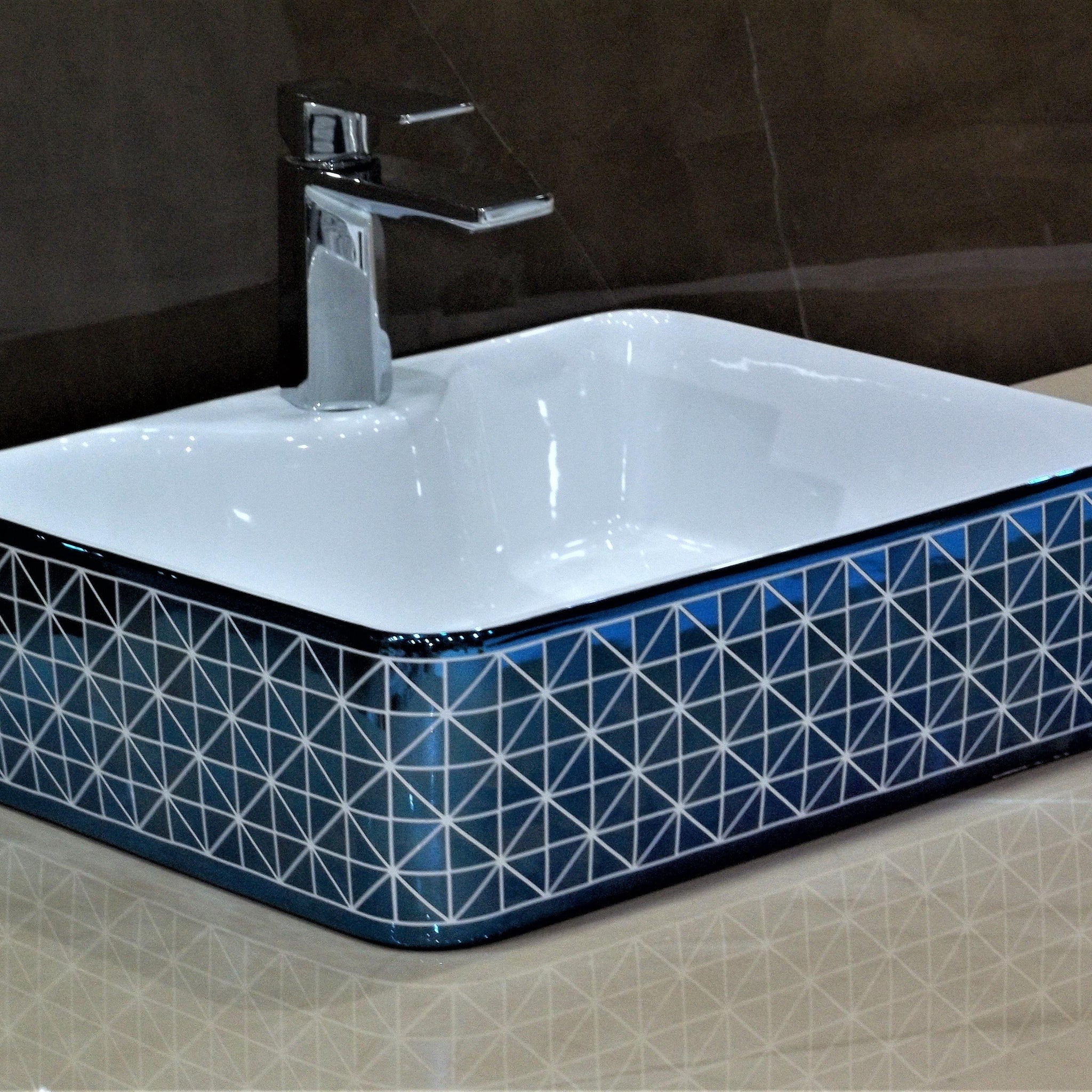 Ceramic Designer Table Top Over Counter Vessel Sink Wash Basin for Bathroom 19 X 15 X 5.5 Inch Blue White Glossy Finish - Bath Outlet