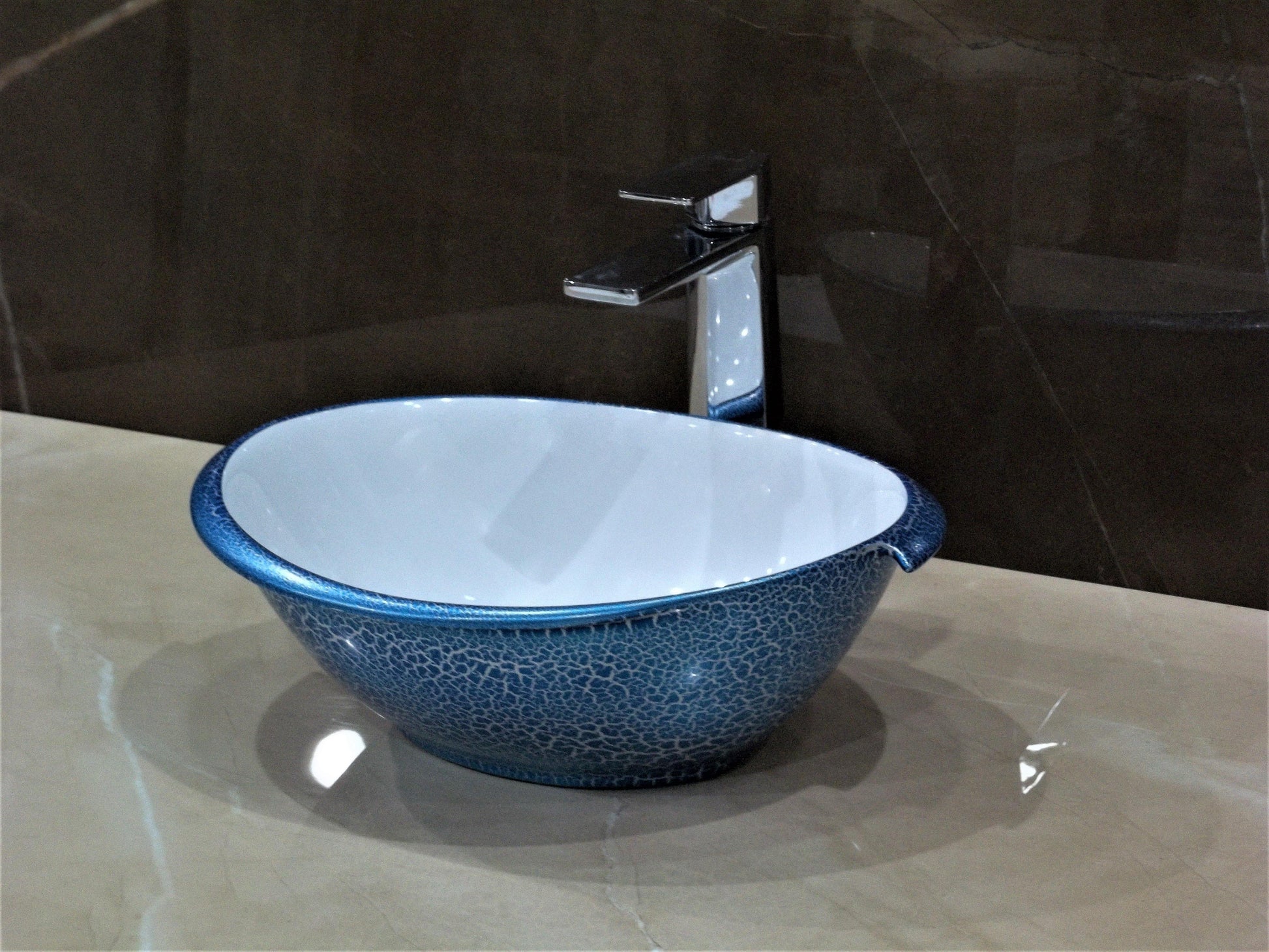 Table Top Premium Designer Ceramic Wash Basin/Vessel Oval Blue Textured Designer for Bathroom 16 x 13 x 6 Inch (Blue Color) - Bath Outlet