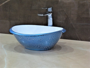 Table Top Premium Designer Ceramic Wash Basin/Vessel Oval Blue Textured Designer for Bathroom 16 x 13 x 6 Inch (Blue Color)