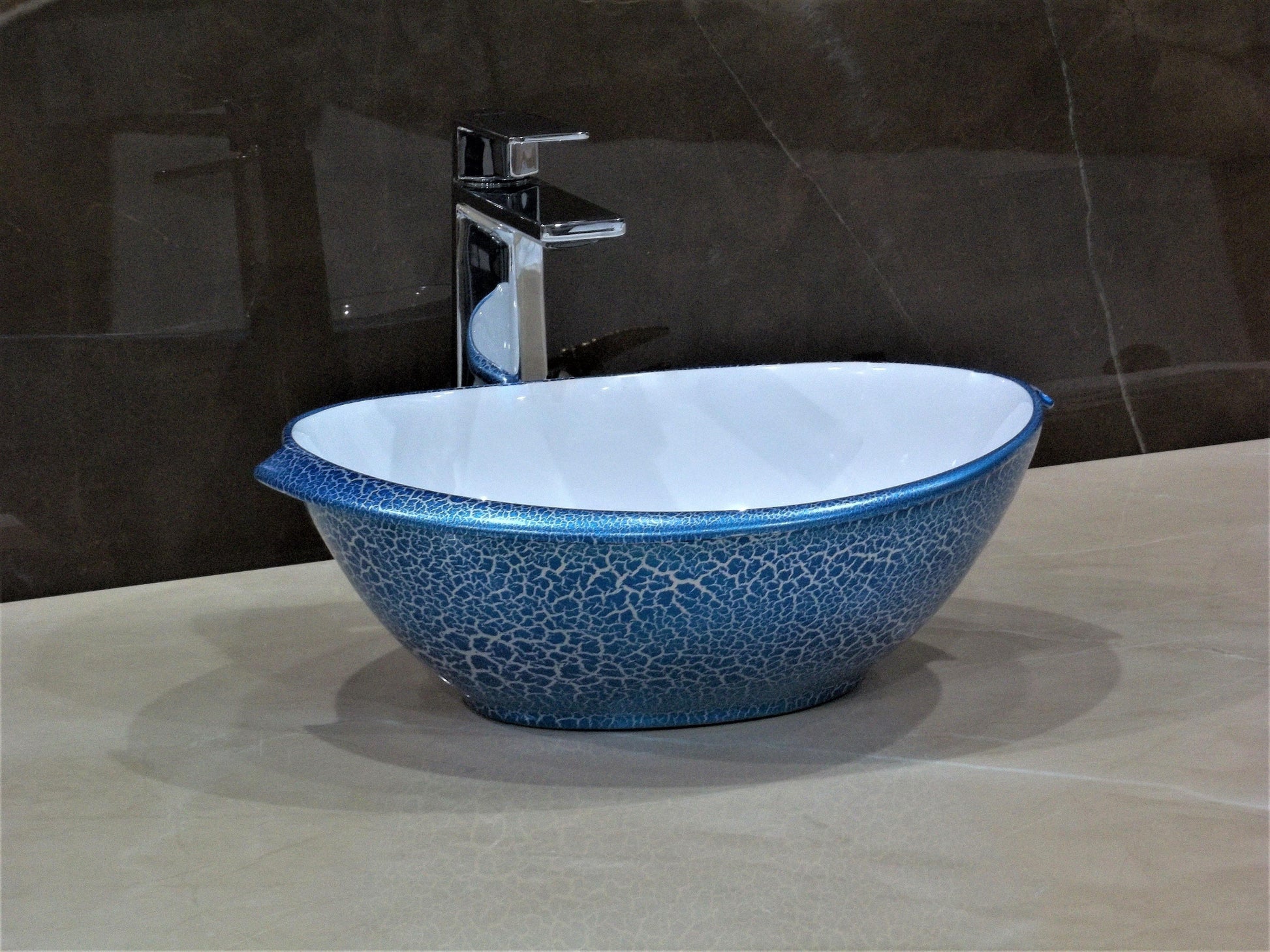 Table Top Premium Designer Ceramic Wash Basin/Vessel Oval Blue Textured Designer for Bathroom 16 x 13 x 6 Inch (Blue Color) - Bath Outlet