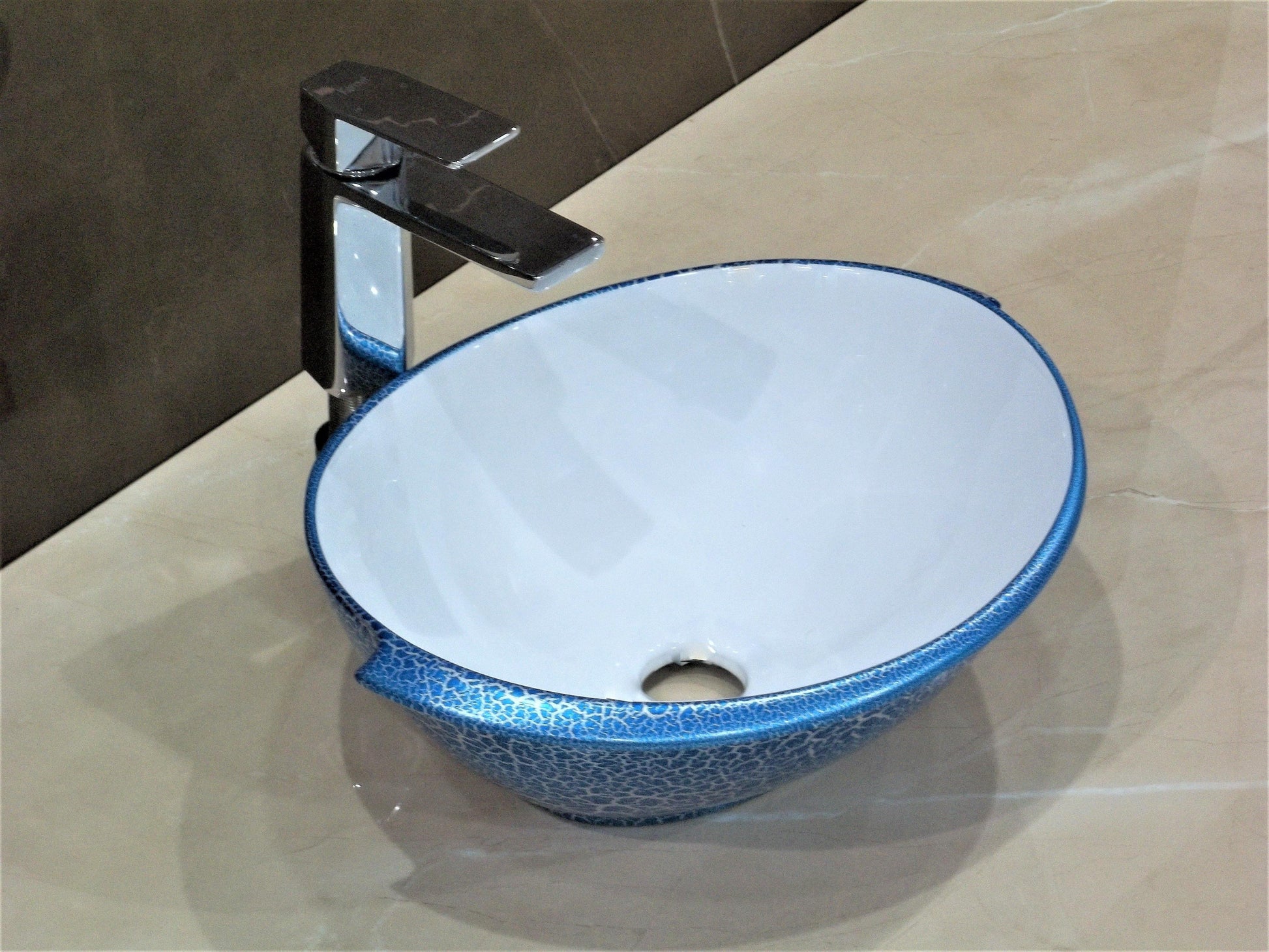 Table Top Premium Designer Ceramic Wash Basin/Vessel Oval Blue Textured Designer for Bathroom 16 x 13 x 6 Inch (Blue Color) - Bath Outlet