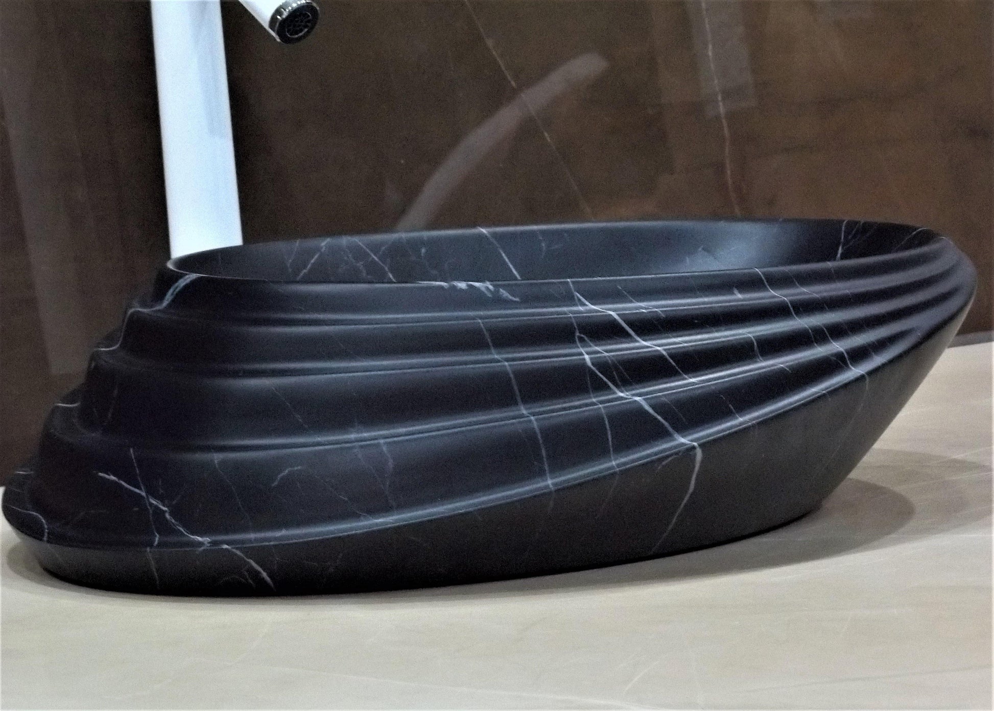 Table Top Premium Designer Ceramic Wash Basin/Vessel Oval Black Marble Finish Satin Designer for Bathroom 20 x 15 x 6 Inch (Black Color) - Bath Outlet