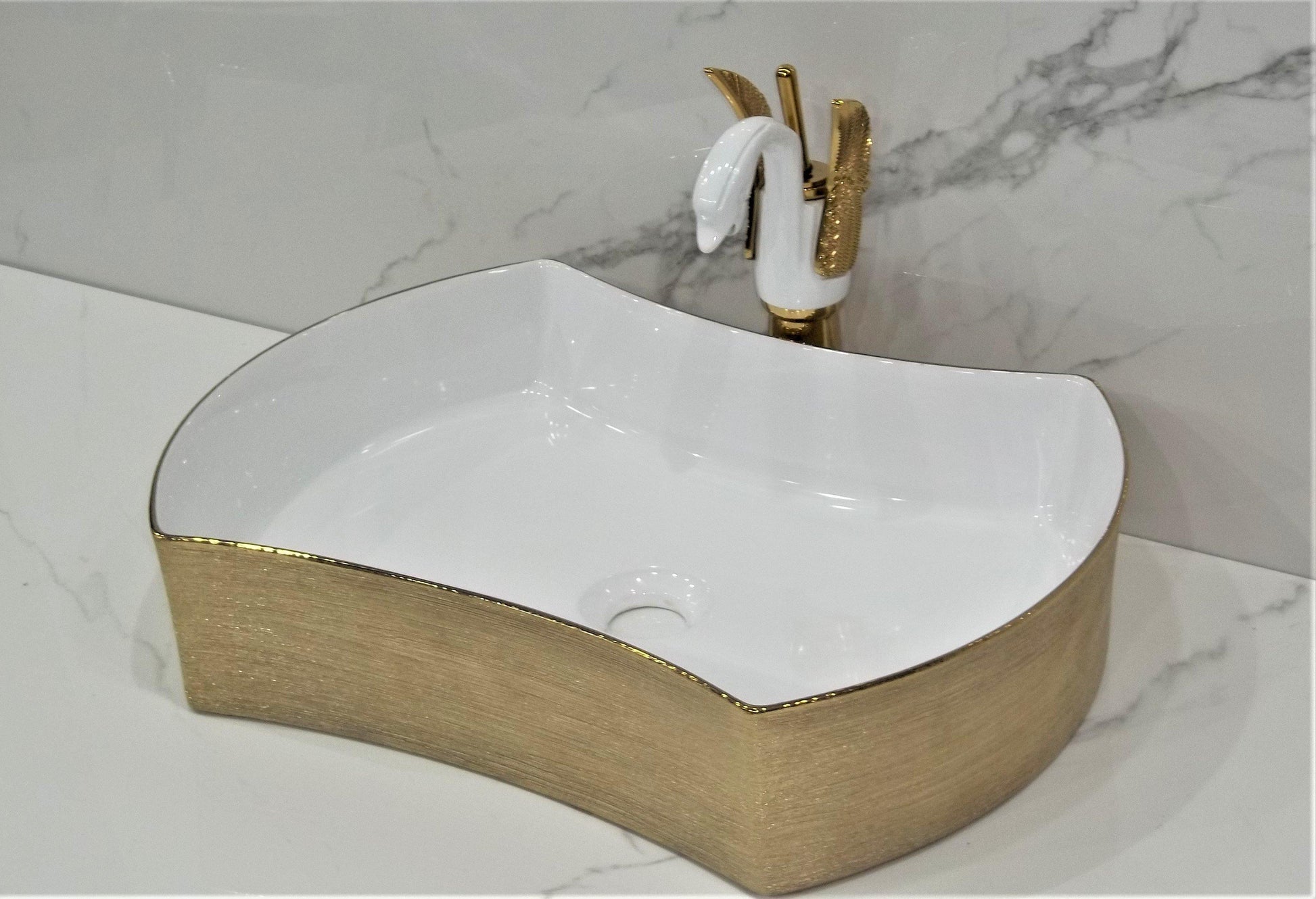 Table Top Premium Designer Ceramic Wash Basin/Vessel Golden White Designer for Bathroom 21 x 15 x 5 Inch (Gold Color) - Bath Outlet