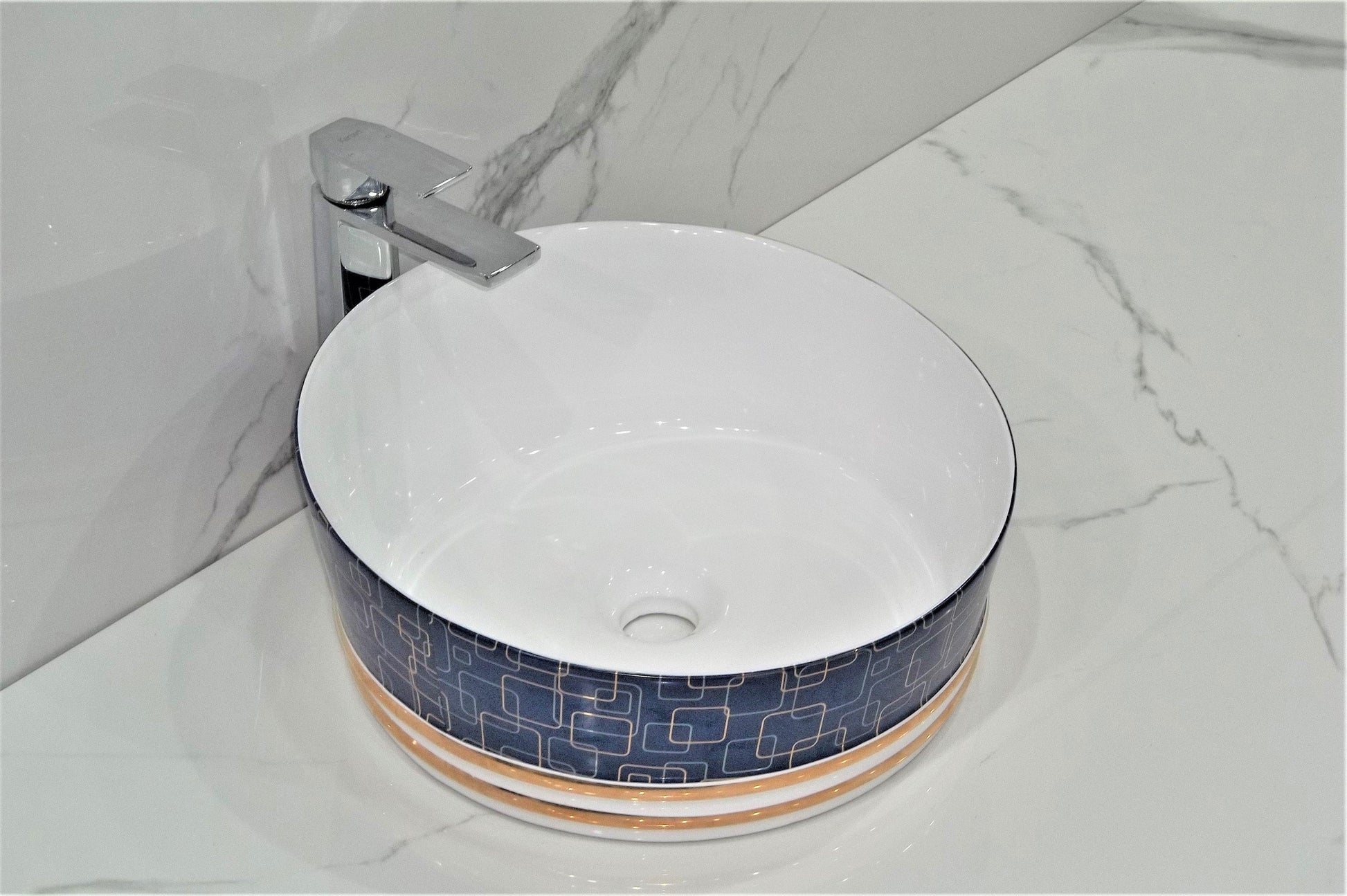 Table Top Premium Designer Ceramic Wash Basin/Vessel Round Blue White Designer for Bathroom 16 x 16 x 6 Inch (Blue Color) - Bath Outlet