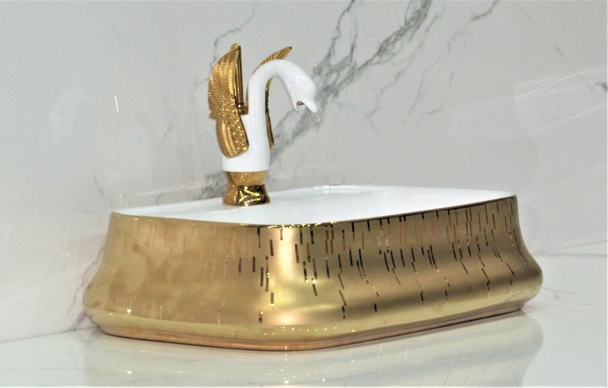 Table Top Premium Designer Ceramic Wash Basin/Vessel Rectangle Golden Designer for Bathroom 21 x 14.5 x 5 Inch Gold White - Bath Outlet