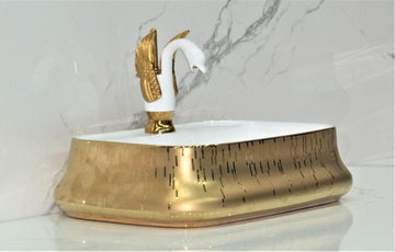 Table Top Premium Designer Ceramic Wash Basin/Vessel Rectangle Golden Designer for Bathroom 21 x 14.5 x 5 Inch Gold White