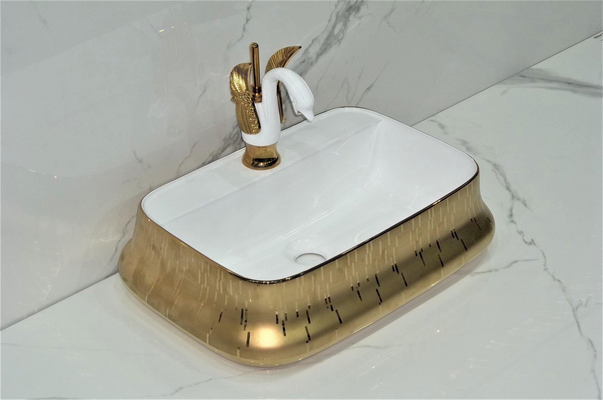 Table Top Premium Designer Ceramic Wash Basin/Vessel Rectangle Golden Designer for Bathroom 21 x 14.5 x 5 Inch Gold White - Bath Outlet
