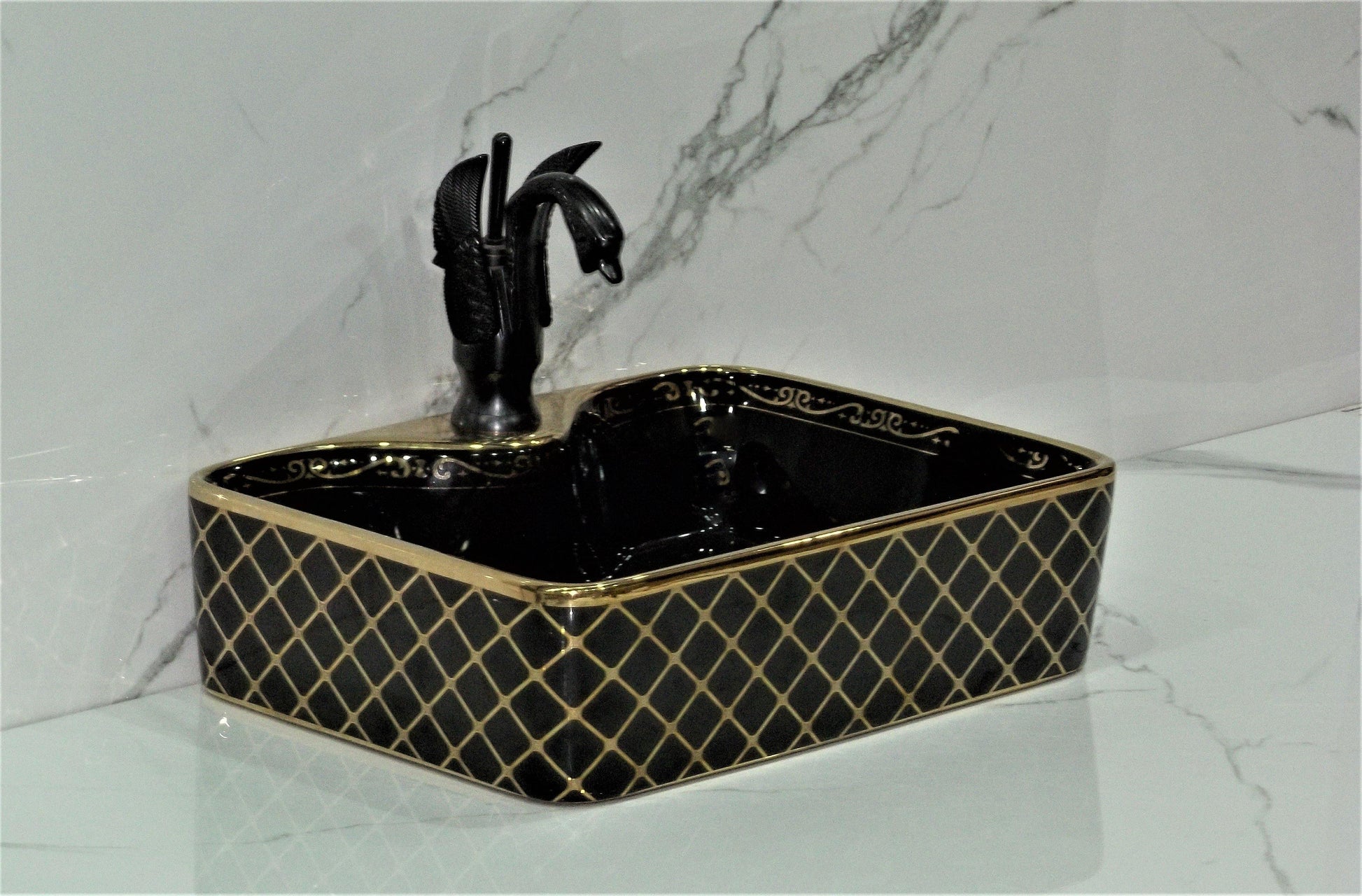 Table Top Premium Designer Ceramic Wash Basin/Vessel Rectangle Black Gold Designer for Bathroom 19 x 15 x 5 Inch (Black Color) - Bath Outlet