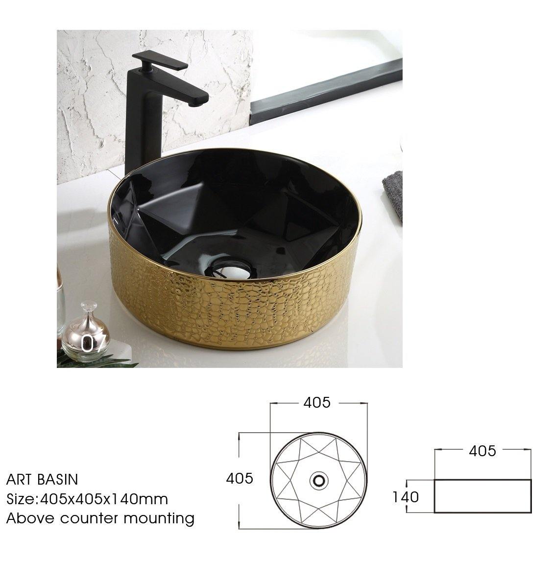Ceramic Premium Desisgner Table Top Over Counter Vessel Sink Wash Basin for Bathroom 16 X 16 X 6 Inch Gold Black Basin For Bathroom - Bath Outlet