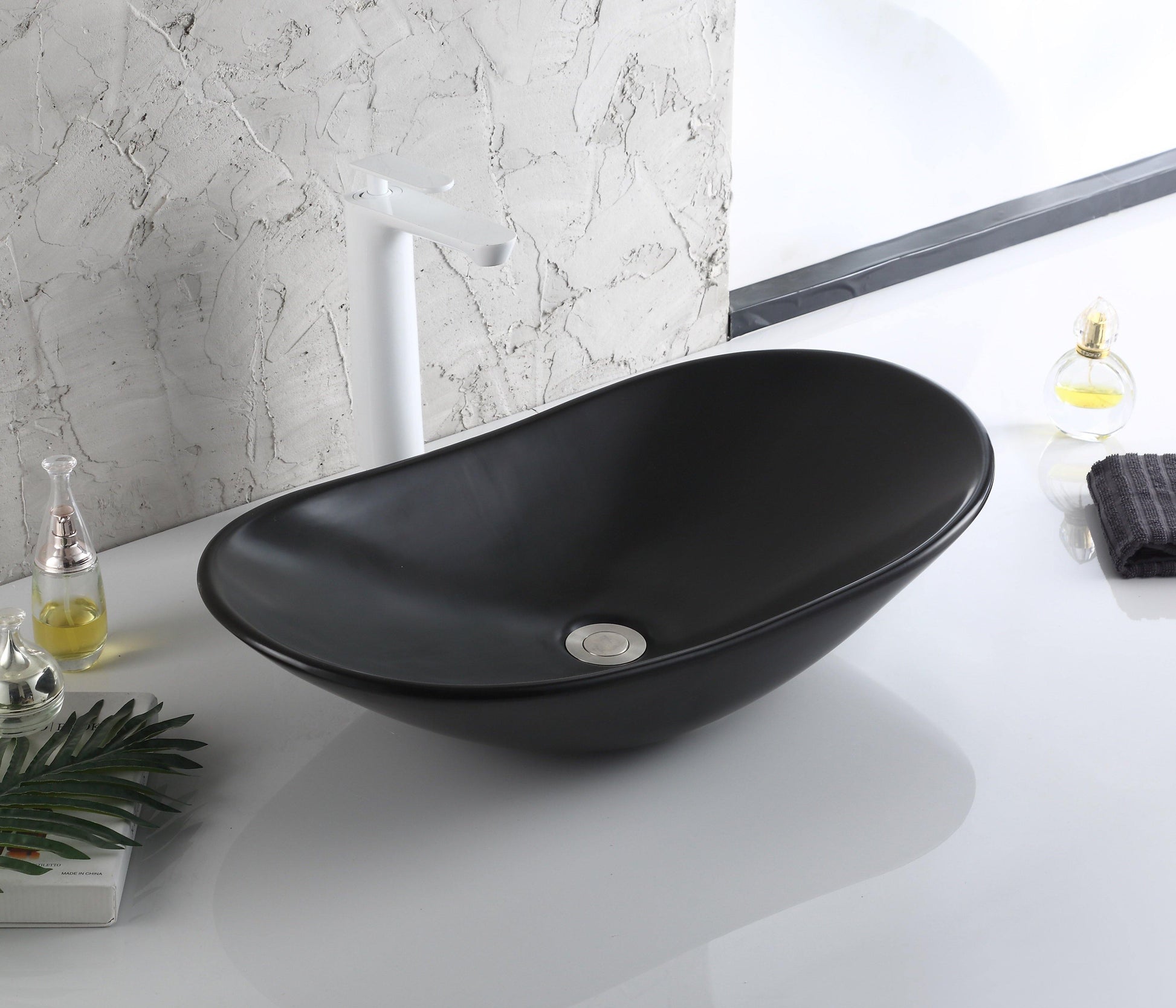 Ceramic Premium Desisgner Table Top Over Counter Vessel Sink Wash Basin for Bathroom 25 X 14 X 6 Inch Black Basin For Bathroom - Bath Outlet