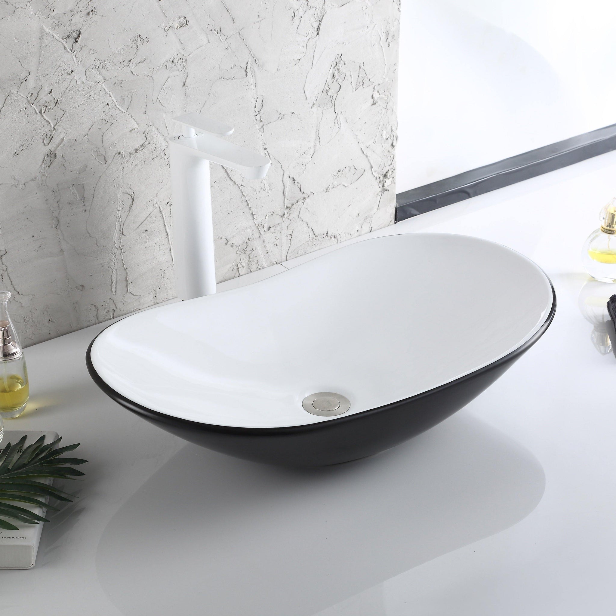 Ceramic Premium Desisgner Table Top Over Counter Vessel Sink Wash Basin for Bathroom 25 X 14 X 6 Inch Black White Basin For Bathroom - Bath Outlet