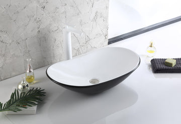 Ceramic Premium Desisgner Table Top Over Counter Vessel Sink Wash Basin for Bathroom 25 X 14 X 6 Inch Black White Basin For Bathroom - Bath Outlet