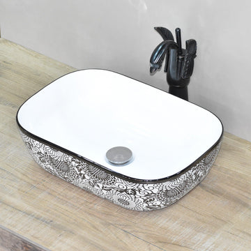 Designer Ceramic Wash Basin/Vessel Sink/Over or Above Counter Top Wash Basin for Bathroom Rectangle Shape 18 x 13 x 5.5 Inch Black White - Bath Outlet