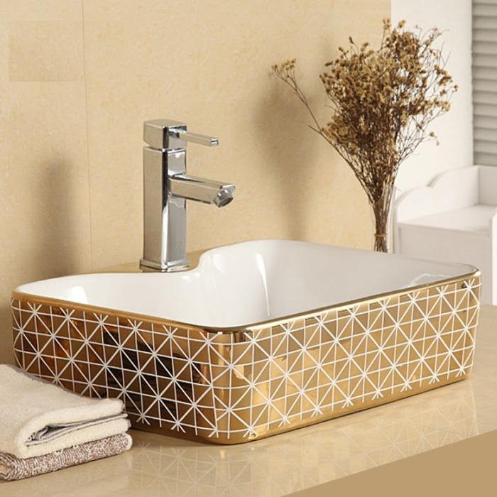 Table Top Designer Wash Basin Vessel Sink For Baathroom Gold Colour 19 X 15 X 5 Inch - Bath Outlet
