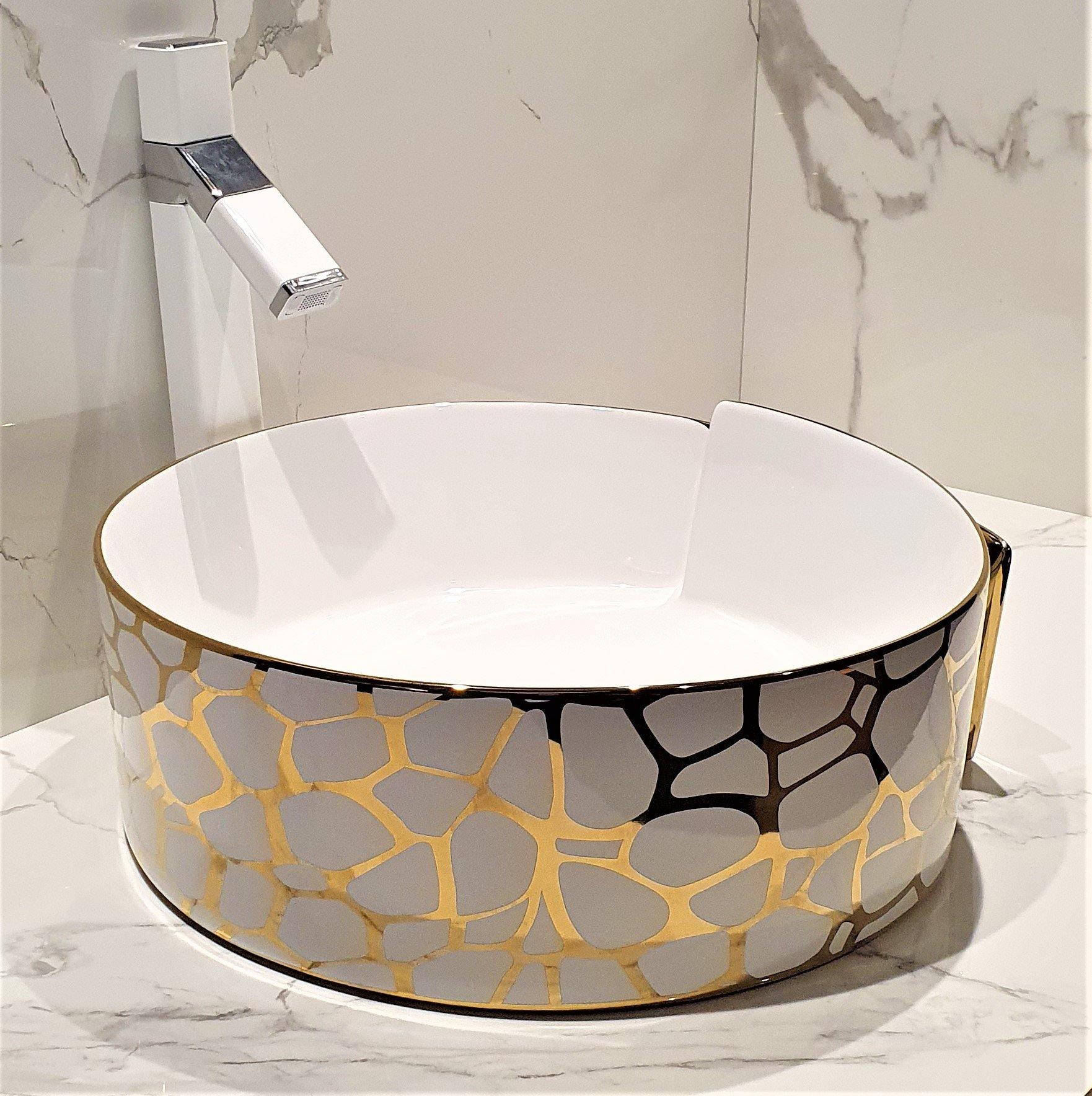 Table Top Designer Gold White Round Wash Basin 46 X 44 X 15 Cm - Bath Outlet