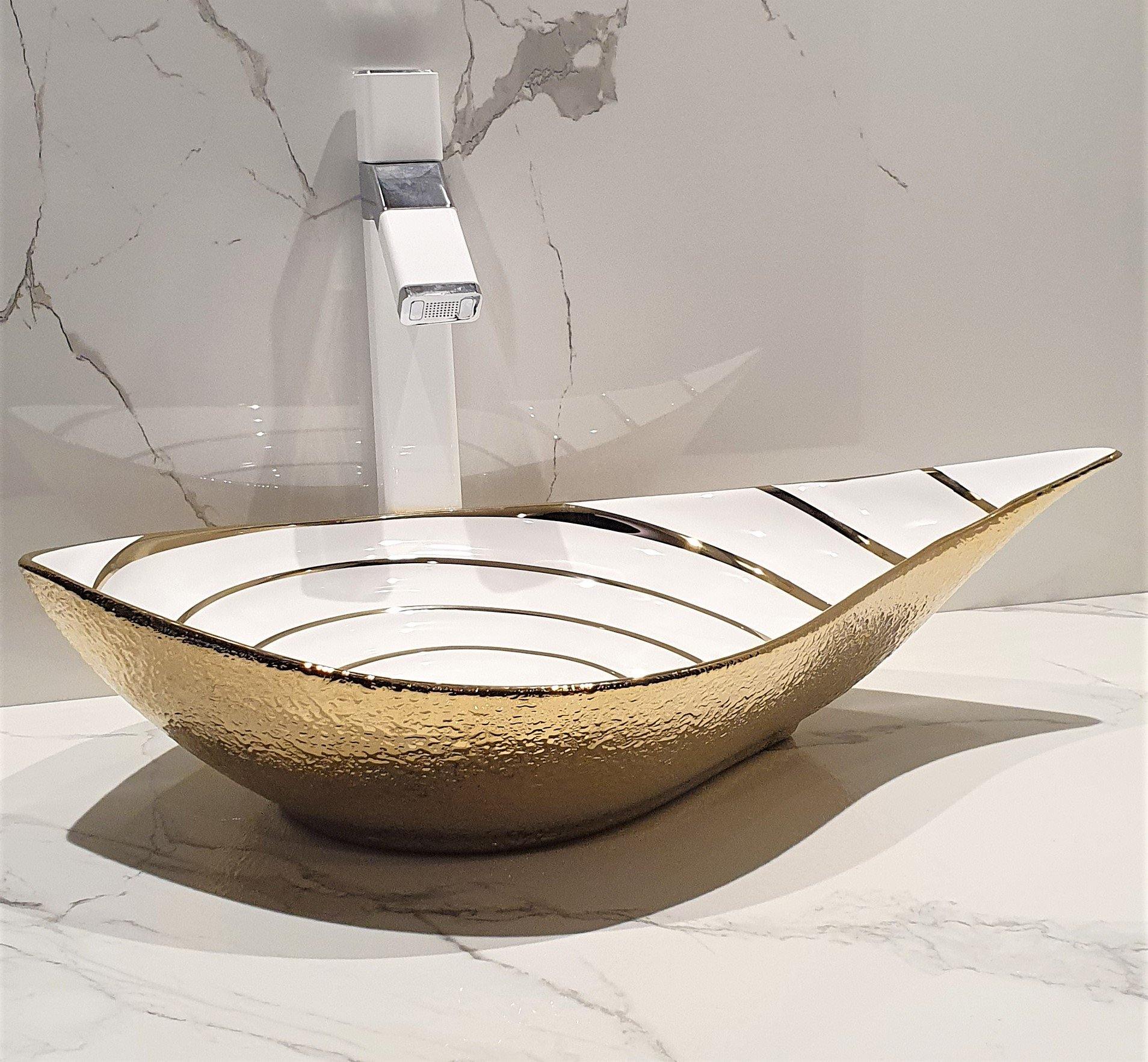 Table Top Designer Gold White Wash Basin 57 X 36 X 16 Cm - Bath Outlet