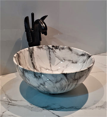 B Backline Ceramic Premium Designer Table Top Over Counter Vessel Sink Above Counter top Wash Basin for Bathroom 13 x 13 x 5 Inch in Round Shape White Marble