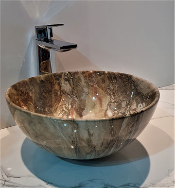 B Backline Ceramic Premium Designer Table Top Over Counter Vessel Sink Above Counter top Wash Basin for Bathroom 13 x 13 x 5 Inch in Round Shape Green Marble