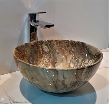 B Backline Ceramic Premium Designer Table Top Over Counter Vessel Sink Above Counter top Wash Basin for Bathroom 13 x 13 x 5 Inch in Round Shape Green Marble