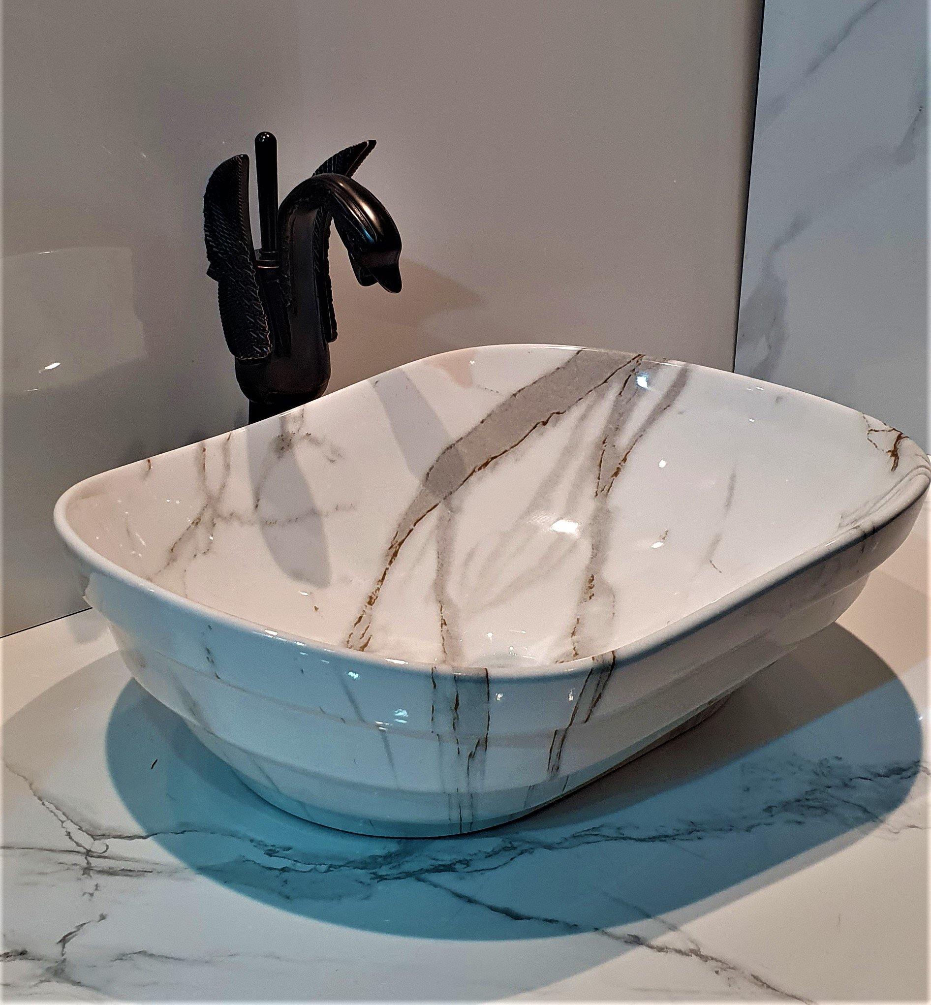 Ceramic Oval Shape Wash Basin Table Top Vessel Sink Wash Basin Over Counter Basin for Bathroom & Living Room 18 X 14 X 5.5 Inch (White & Black) - Bath Outlet
