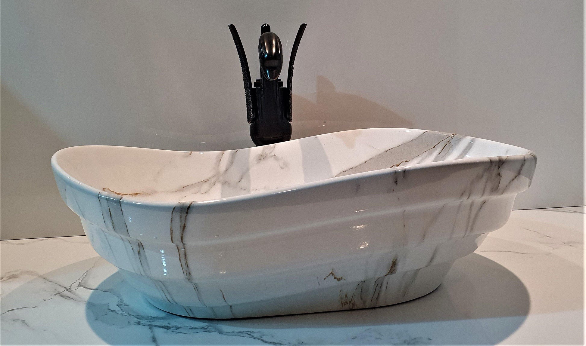 Ceramic Oval Shape Wash Basin Table Top Vessel Sink Wash Basin Over Counter Basin for Bathroom & Living Room 18 X 14 X 5.5 Inch (White & Black) - Bath Outlet