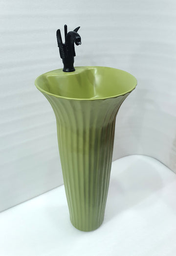 B Backline Ceramic Pedestal Free Standing Wash Basin Rectangle 16 x 16 x 32 Inch Green Matt