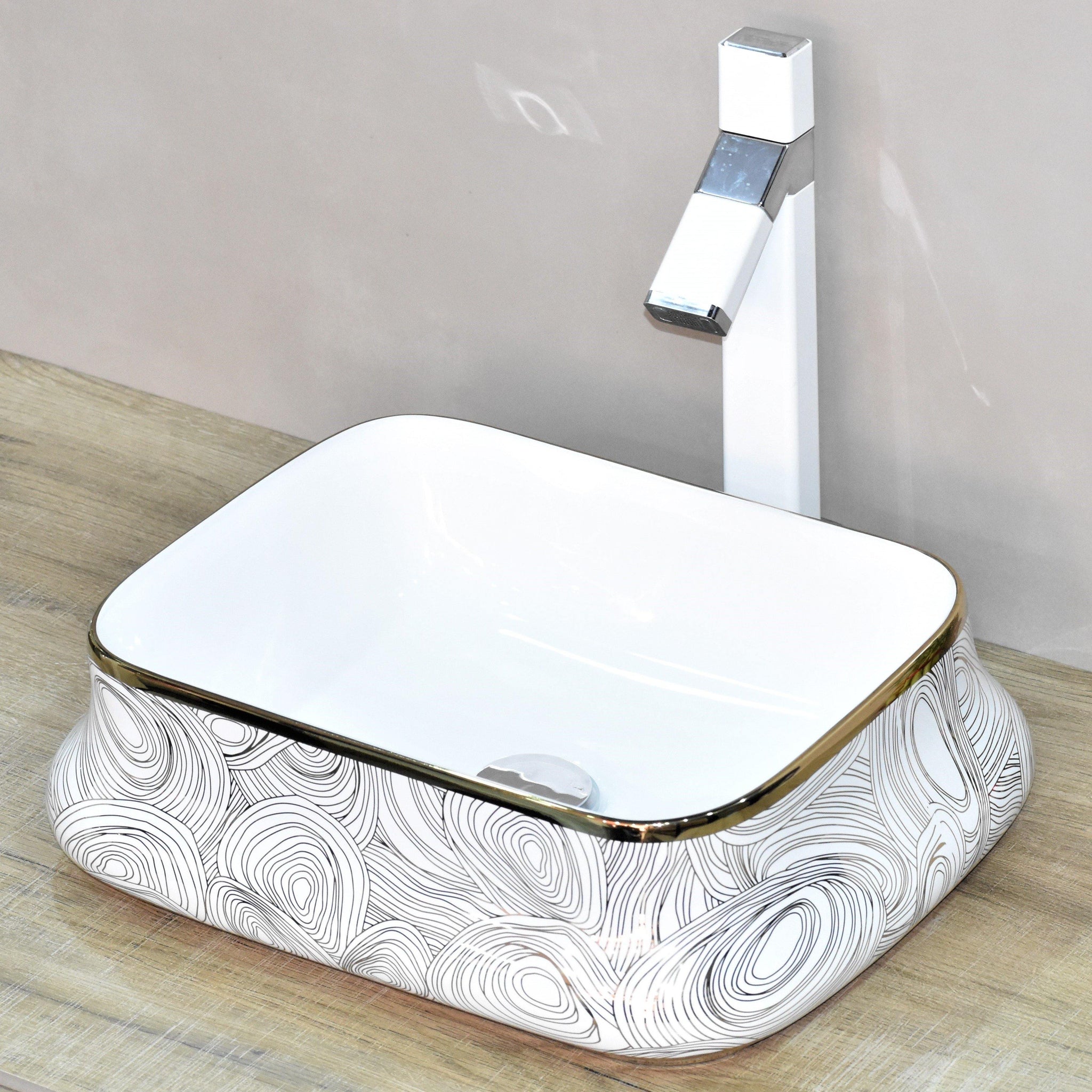 Ceramic Wash Basin Vessel Sink Over or Above Counter Top Wash Basin for Bathroom Rectangle Shape Golden White 18 x 14 x 5.5 Inch - Bath Outlet