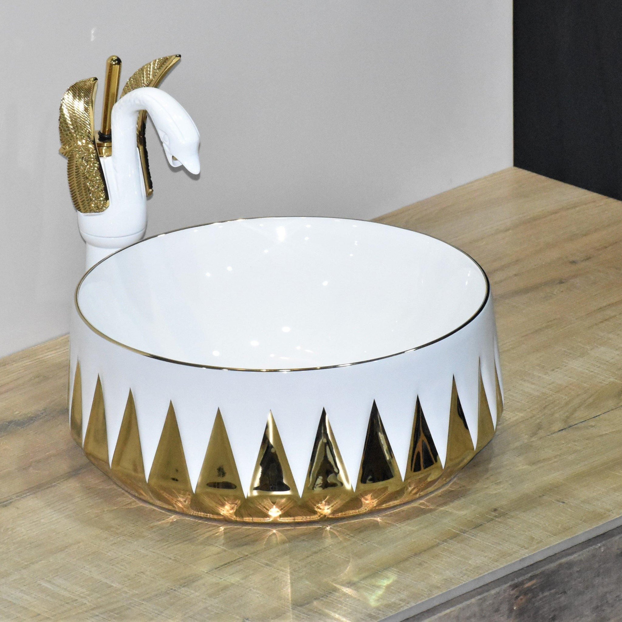 Designer Ceramic Wash Basin Vessel Sink Over or Above Counter Top Wash Basin for Bathroom Round Shape White Gold Color 36 x 36 x 14 cm Only Wash Basin - Bath Outlet