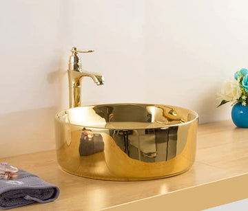 B Backline Ceramic Table Top, Counter Top Wash Basin 16 X 16 X 5.5 Inch Gold Glossy