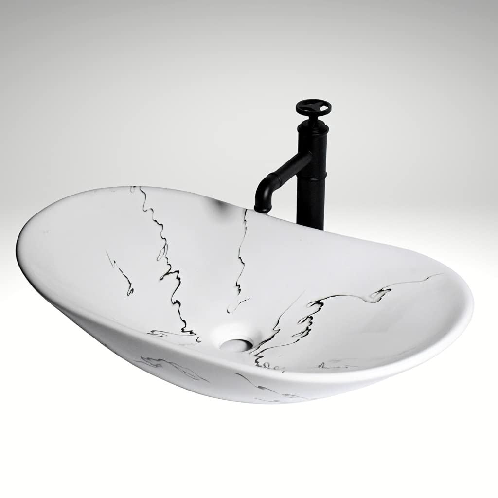 B Backline Ceramic Table Top, Counter Top Wash Basin 25 x 14 x 6 Inch White Black