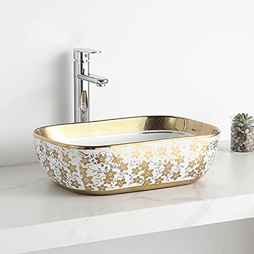 B Backline Ceramic Table Top, Counter Top Wash Basin 18 x 13 Inch Gold White
