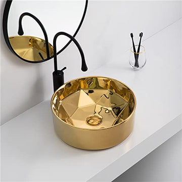 B Backline Ceramic Table Top, Counter Top Wash Basin 16 X 16 X 5.5 Inch Gold Glossy