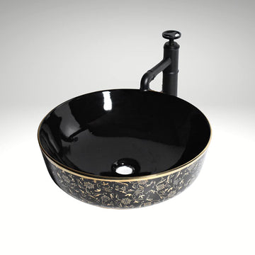 B Backline Ceramic Table Top, Counter Top Wash Basin 16 X 16 X 5 Inch Black Gold