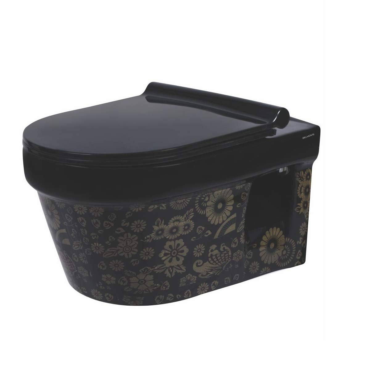 B Backline Ceramic Wall Mount Wall Hung Western Toilet Rimless Commode 20 X 14 X 13 Inches Printed Black