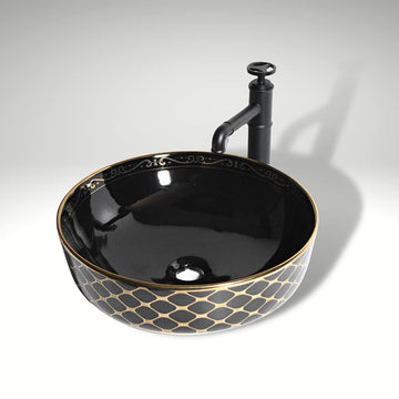 B Backline Ceramic Table Top, Counter Top Wash Basin 16 X 16 X 5 Inch Black Gold