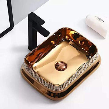 B Backline Ceramic Table Top, Counter Top Wash Basin 45x30 CM Rose Gold