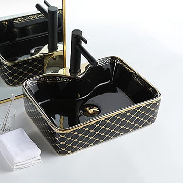 B Backline Ceramic Table Top, Counter Top Wash Basin Black 19 X 14.5 X 5 Inches Black Gold