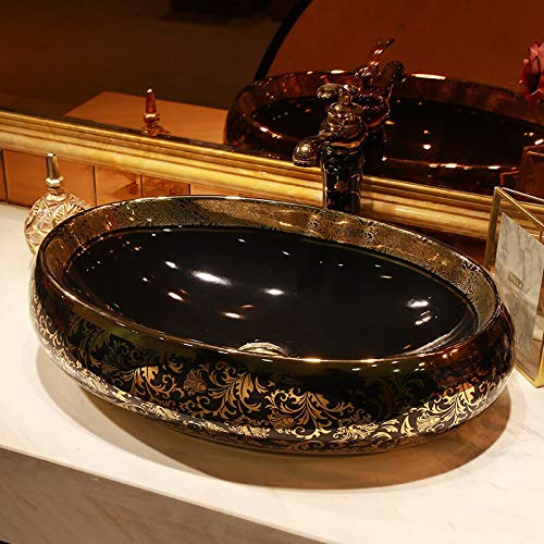B Backline Ceramic Table Top, Counter Top Wash Basin 24 X 16 X 6 Inch Black Gold