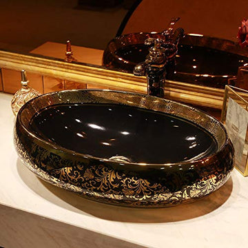 B Backline Ceramic Table Top, Counter Top Wash Basin 24 X 16 X 6 Inch Black Gold