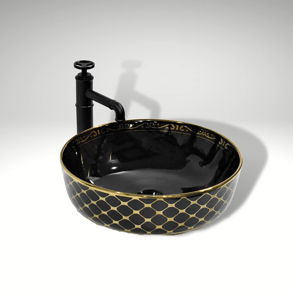 B Backline Ceramic Table Top, Counter Top Wash Basin 16 X 16 X 5 Inch Black Gold