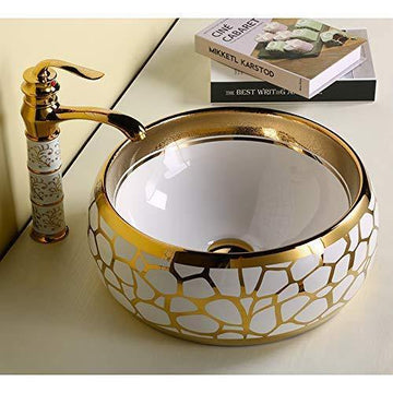 B Backline Ceramic Round Table Top, Counter Top Wash Basin Golden Color 16 X 16 X 6 Inches