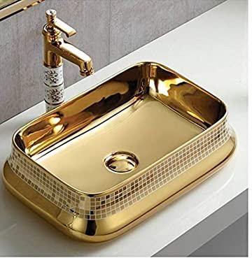 Designer Ceramic Wash Basin Vessel Sink Over or Above Counter Top Wash Basin for Bathroom Round Shape Gold White 19 X 13 Inch Gold Colour