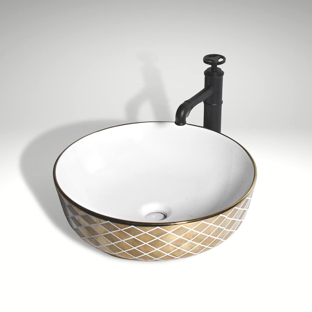 B Backline Ceramic Table Top, Counter Top Wash Basin 16 X 16 X 5 Inch Gold White