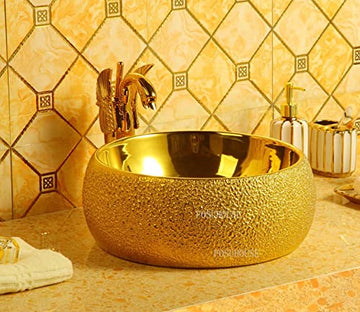 B Backline Ceramic Table Top, Counter Top Wash Basin 16 X 16 X 5.5 Inch Gold