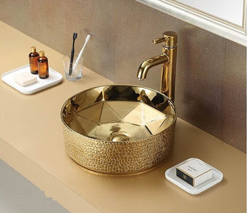 B Backline Ceramic Table Top, Counter Top Wash Basin 16 X 16 X 6 Inch Gold