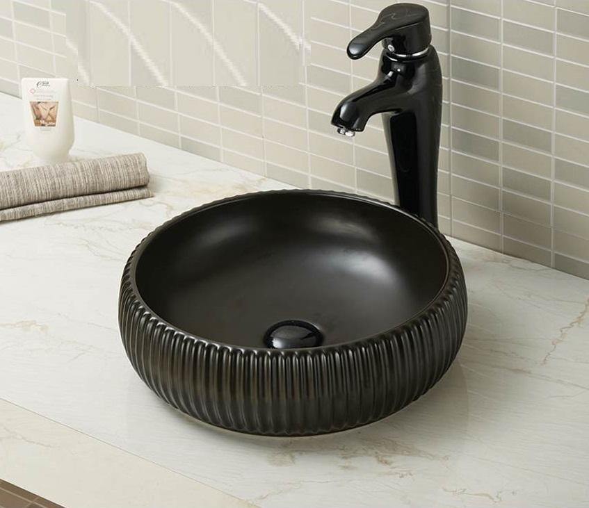 Designer Ceramic Wash Basin Vessel Sink Over or Above Counter Top Wash Basin for Bathroom Round Shape Black Matt 40 x 40 x 14 cm - Bath Outlet
